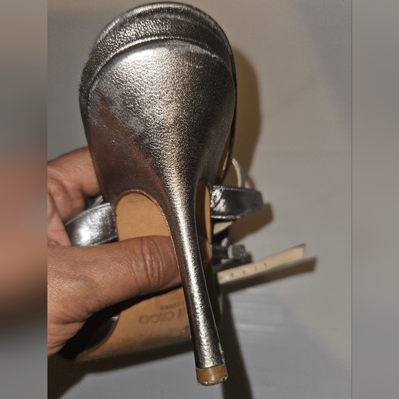 Jimmy Choo London Gray Silver Leather & Satin Crystal Evening Sandals Sz 37 - Picture 8 of 9